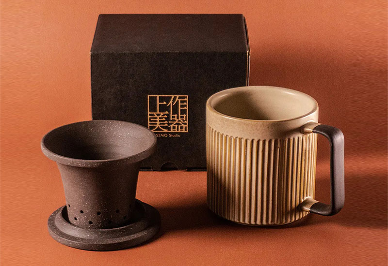 直紋泡茶杯550ml-窯變釉(杯、茶濾內膽、蓋子三件式)